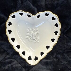Lenox Heart Shaped‎ Embossed Rose, Gold Trim, Trinket Ring Dish